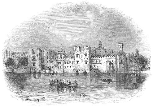 The Savoy Palace along the River Thames in London, England from the Works of William Shakespeare. Vintage etching circa mid 19th century.