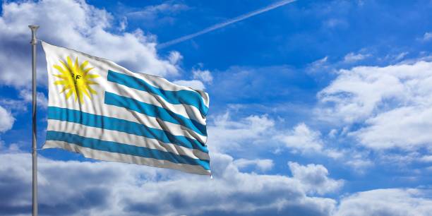 istock Uruguay waving flag on blue sky. 3d illustration 1023715886
