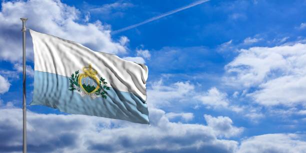 istock San Marino waving flag on blue sky. 3d illustration 1023715972