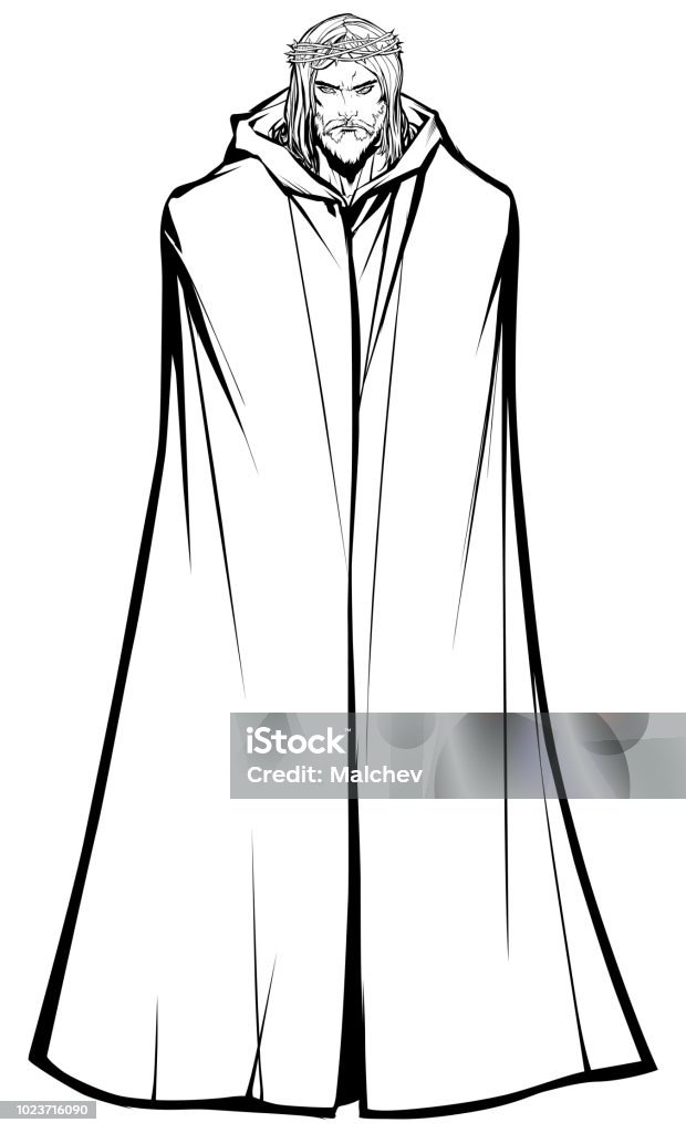Jesus Standing Tall Line Art Line art full length illustration of Jesus Christ wearing crown of thorns and looking at you with serious expression. Coloring stock vector