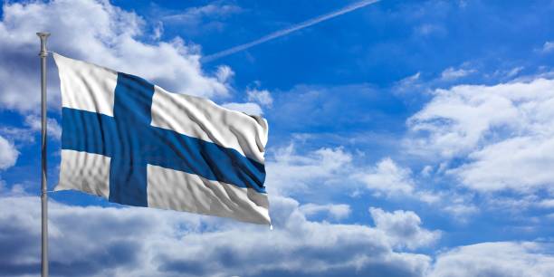 istock Finland waving flag on blue sky. 3d illustration 1023716360
