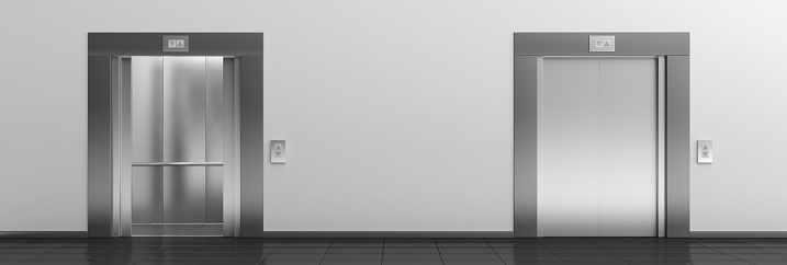 Modern metal elevators with open and closed doors, hall interior. 3d illustration