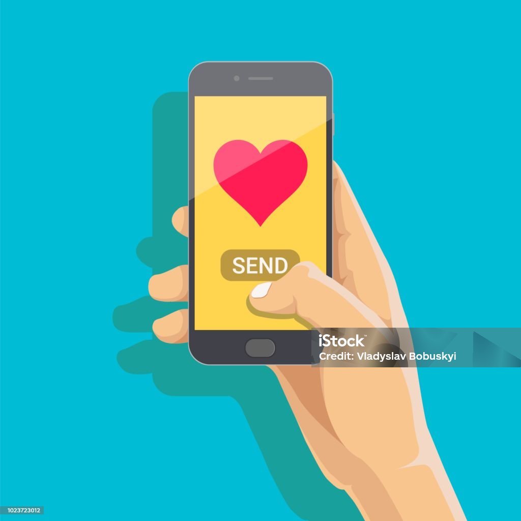 Concept de message d’amour de l’envoi. Main tenant le téléphone avec coeur, bouton envoyer sur l’écran. Écran tactile de doigt. Illustration vectorielle plate bande dessinée pour la publicité, sites web, bannières, infographie design - clipart vectoriel de Téléphone - Équipement de télécommunication libre de droits