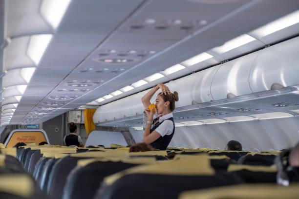 air hostess giving safety instructions before flight - airplane air vehicle business travel passenger imagens e fotografias de stock