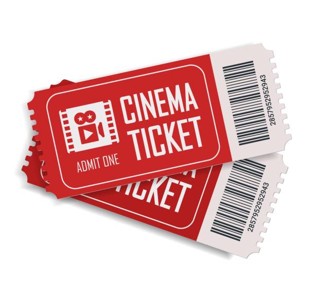 Two cinema vector tickets isolated on white background. Realistic front view illustration. Close up top view on two designed movie tickets. Two cinema vector tickets isolated on white background. Realistic front view illustration. Close up top view on two designed movie tickets. cinema ticket stock illustrations