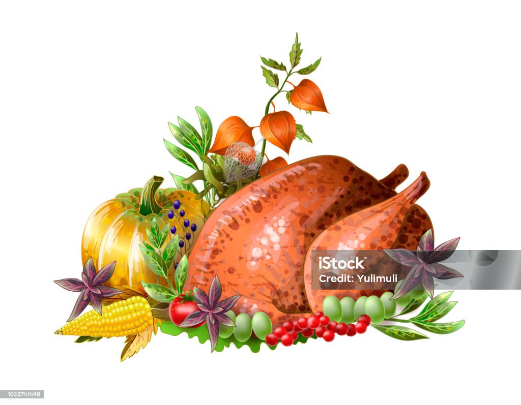 Thanksgiving  fried turkey with vegetables and herbs isolated. Vector. Thanksgiving  fried turkey with vegetables and herbs isolated. Dinner stock vector