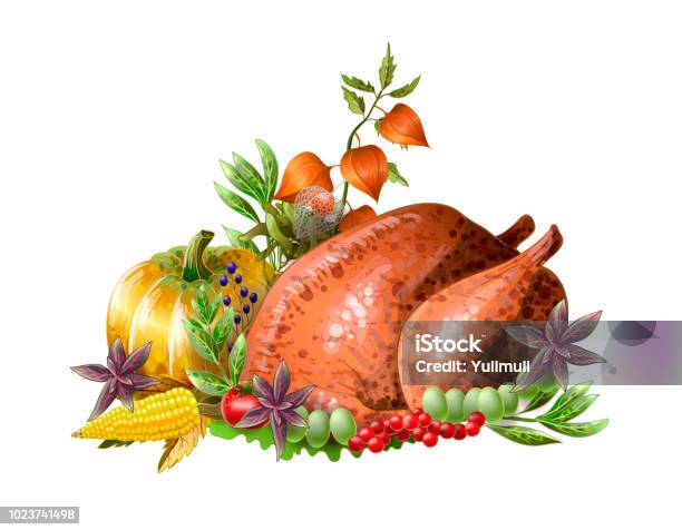 Thanksgiving Fried Turkey With Vegetables And Herbs Isolated Vector Stock Illustration - Download Image Now