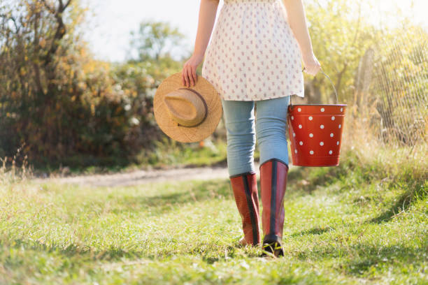 Rear view of an unrecognizable female farmer carrying a metal bucket and a hat through the country yard.