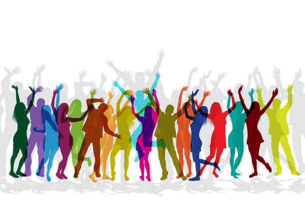 istock Colorful silhouettes of people celebrating and dancing on party. 1023759564