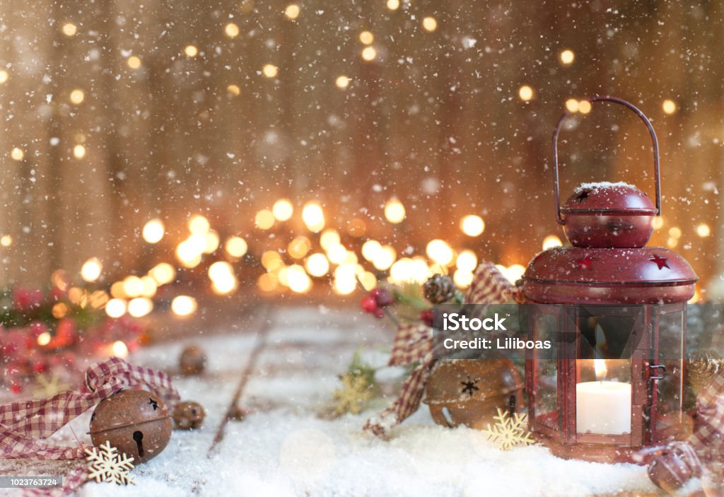 Christmas Red Lantern on an Old Wood Background Christmas Stock Photo