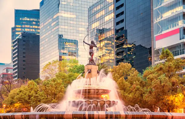Stock photograph of Diana the Huntress Fountain in Downtown Mexico City, Mexico at twilight.