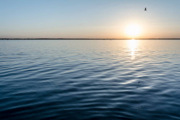 istock colorful sunset over water surface, evening sun over the bay, summer sky without clouds 1023775084