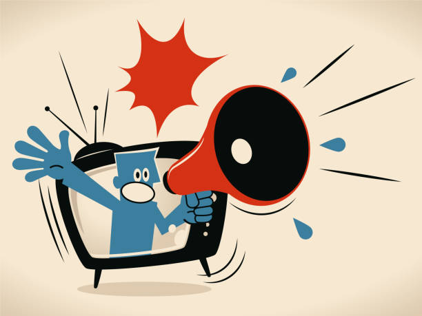 Hombre azul de pantalla gritos con megáfono - ilustración de arte vectorial