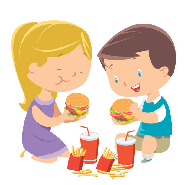 dzieci jedzące hamburgery - sandwich plate food french fries stock illustrations
