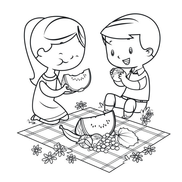 malbuch, kinder mit einem picknick - friendship park flower outdoors stock-grafiken, -clipart, -cartoons und -symbole