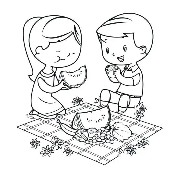 Vector illustration of Coloring Book, kids having a picnic