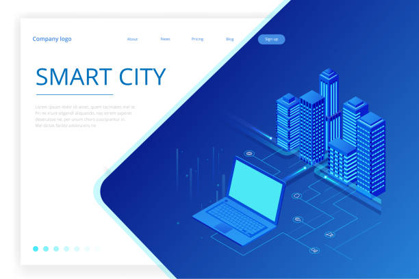 istock Isometric Modern city. Concept website template. Smart city with smart services and icons, internet of things, networks and augmented reality concept 1023785308
