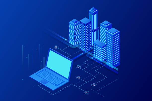 istock Isometric Modern city. Concept website template. Smart city with smart services and icons, internet of things, networks and augmented reality concept 1023785366