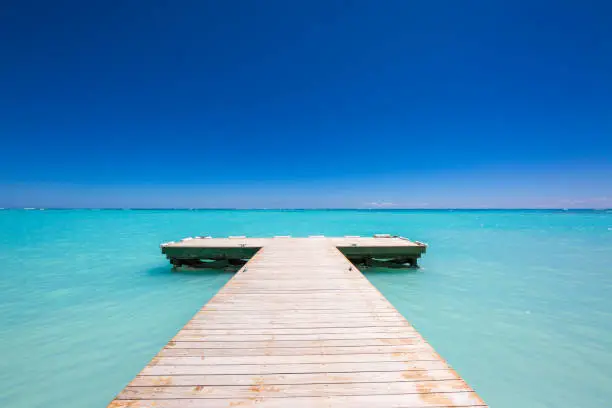 Wooden pier and azure water with blue sky on background