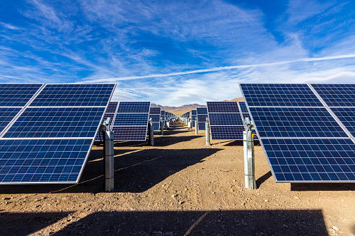 Solar Energy PV Modules in the middle of the Atacama Desert at a Solar PV Power Plant, Copiapo, Chile