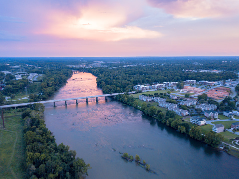 Aerial photograph shot at sunset over the Congaree River in Columbia, South Carolina.
