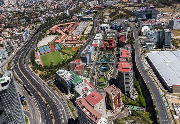 Mexico City, March 16, 2015: university, shopping mall, exhibition center and other corporate buildings in modern financial district