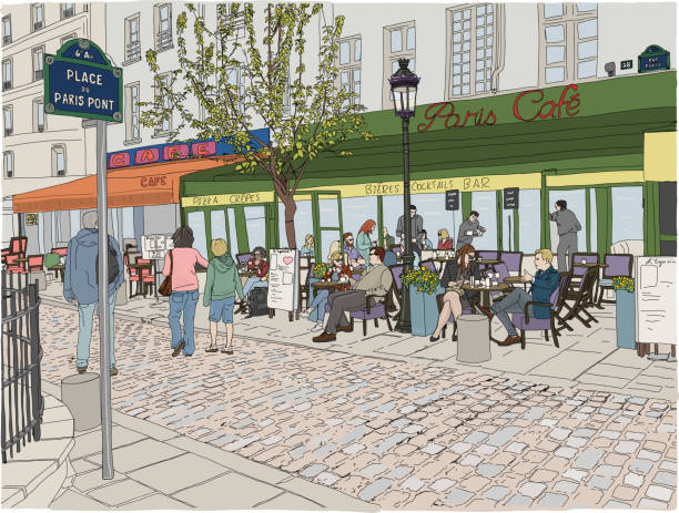 сцена парижского кафе - cobblestone stock illustrations