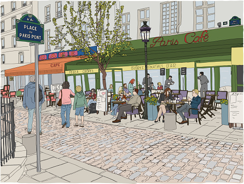 People enjoying the day at a cafe in Paris, with cobblestone streets and a traditional cafe scene. Hand drawn vector illustration.
