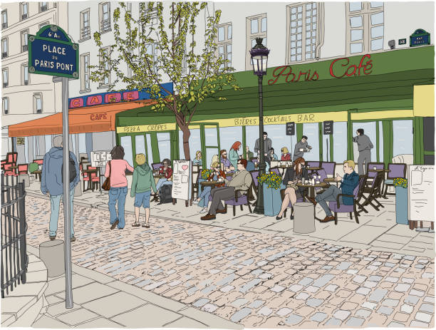 Paris cafe scene People enjoying the day at a cafe in Paris, with cobblestone streets and a traditional cafe scene. Hand drawn vector illustration. pics of a cobblestone road stock illustrations