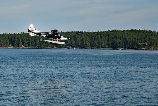 A seaplane comes in for a landing at Friday Harbor, San Juan Island in Puget Sound.