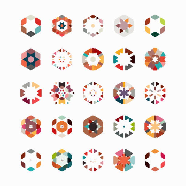 illustrazioni stock, clip art, cartoni animati e icone di tendenza di insieme di simboli del motivo esagonale vettoriale - flower backgrounds tile floral pattern