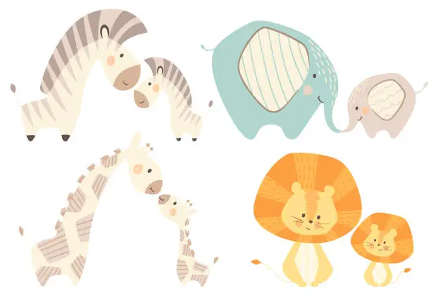 Vector illustration of Mom and baby lion giraffe, zebra, elephant baby cute print set