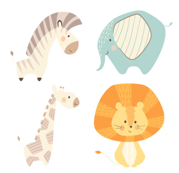 ilustrações, clipart, desenhos animados e ícones de conjunto de impressão girafa leão, zebra, elefante bebê fofo. animal zoo doce - zebra animal isolated young animal