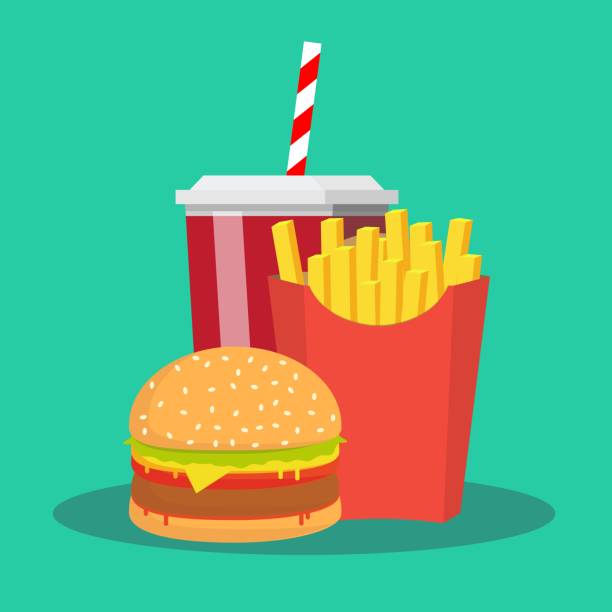 frytki, hamburger i soda na wynos wektor illustration.fast food menu - burger hamburger cheeseburger fast food stock illustrations