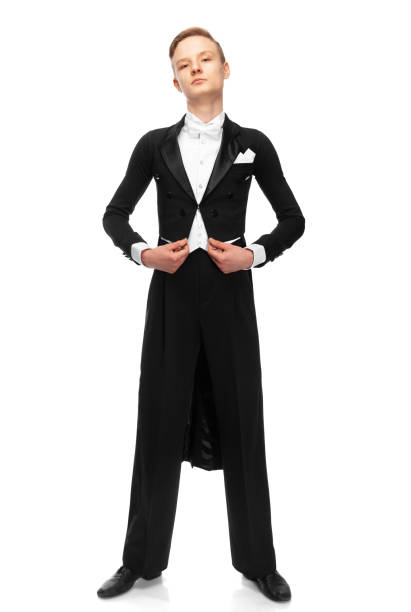 ballerino da sala da ballo vestito con un tailcoat su sfondo bianco - art coat full length foto e immagini stock