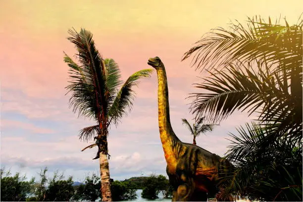 Sauropods Dinosaur  on the lost world landscape background concept.