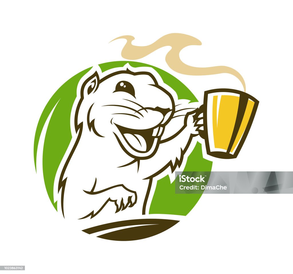 Laughing marmot cartoon character. Gopher outline silhouette with cup of hot coffee or tea Vector emblem of cute laughing gopher cartoon character outline silhouette with cup Squirrel stock vector