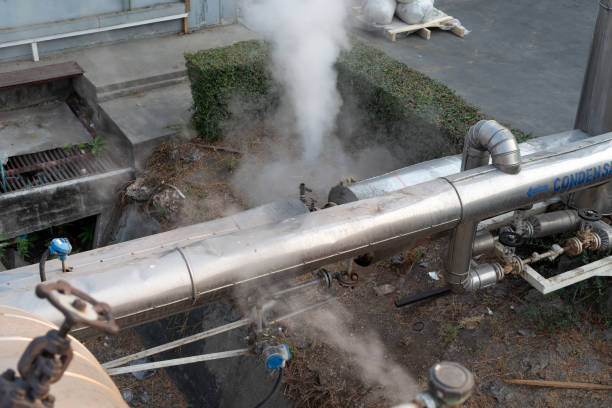 fuite de vapeur dans le gaz industriel intérieur avec beaucoup de tuyauterie de chaleur pipeline. tuyauterie de vanne vapeur en usine - pipe power station valve water photos et images de collection