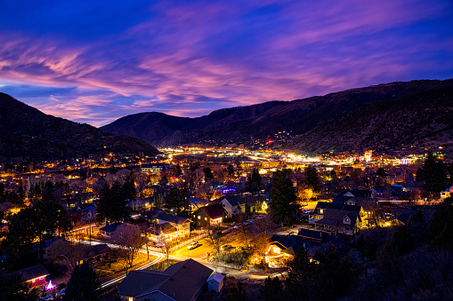 Glenwood Springs Cityscape at Dusk - Colorado town view of downtown area.