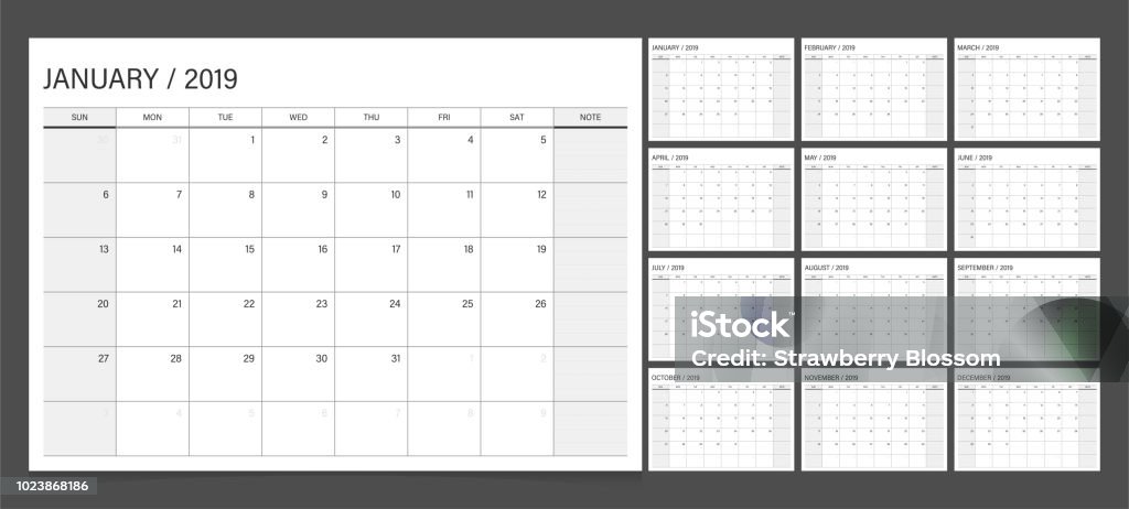 2019 calendrier Agenda régler semaine marche dimanche corporate design modèle vecteur. - clipart vectoriel de Calendrier libre de droits