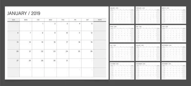 Vector illustration of 2019 calendar planner set week start Sunday corporate design template vector.