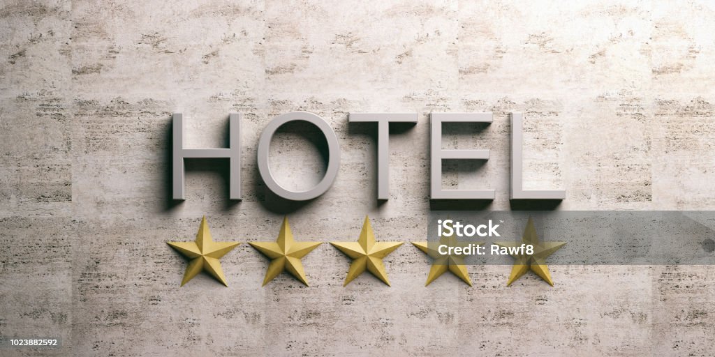 Hotel sign on marble background. 3d illustration Five stars hotel sign on a marble background. 3d illustration Hotel Stock Photo