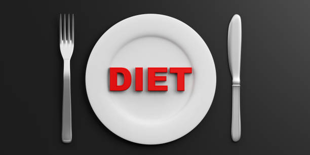 istock Place Setting and word DIET on black background. 3d illustration 1023882636