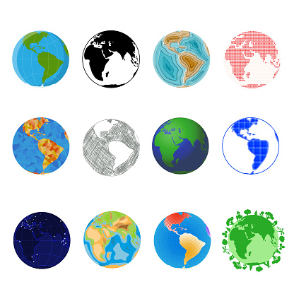 Earth planet vector global world universe and worldwide universal globe illustration worldly set of earthed sphere logo with continents and ocean isolated on white background.