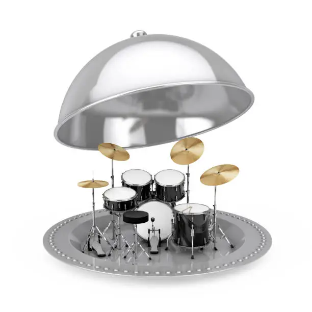 Photo of Professional Rock Black Drum Kit Inside Silver Restaurant Cloche. 3d Rendering