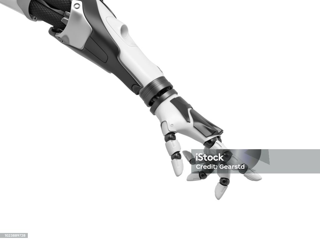 rendu 3D d’un bras robotisé avec doigts demi-chicorées et l’index, faisant remarquer - Photo de Bras robotisé - Outil de production libre de droits