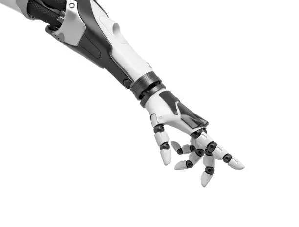 Photo of 3d rendering of a robotic arm with fingers half-curled and the index finger pointing out