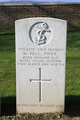 The Grave of a Navy sailor that was killed during the Great war (WW1) in a cemetrey in the Somme area in France