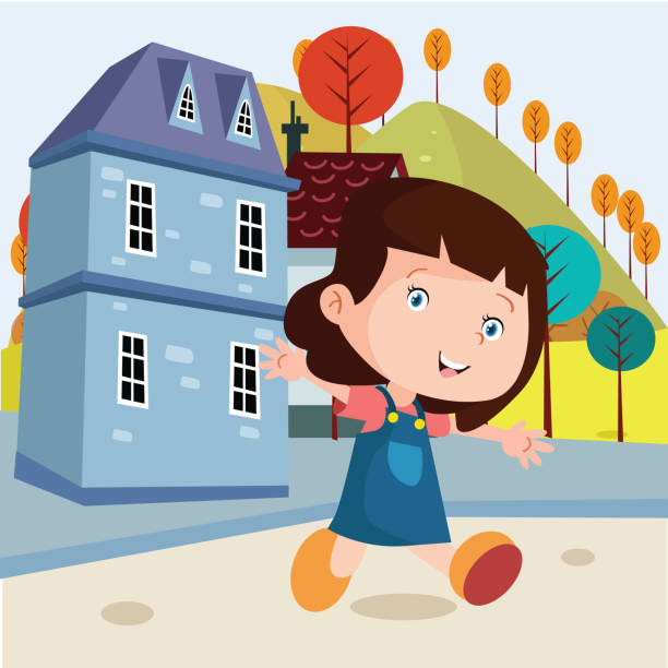 Cute Little Girl Looks Happy And Cheerful Walking Around In Front Of House  Cartoon Character Stock Illustration - Download Image Now - iStock