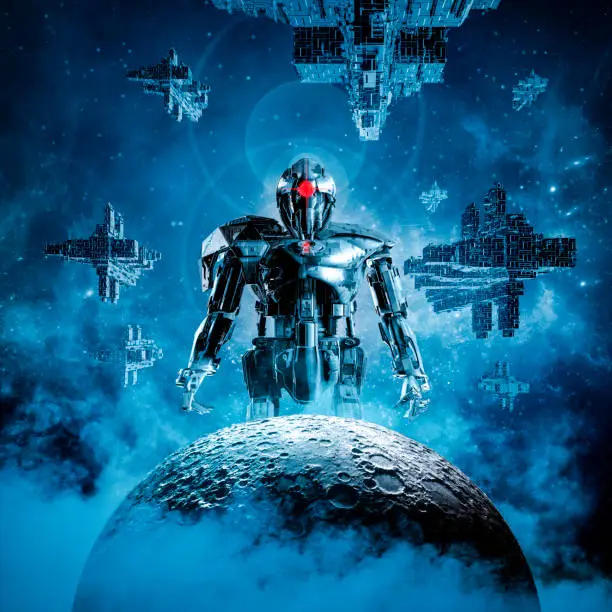 3D illustration of science fiction scene showing large armoured android looming over moon with fleet of spaceships in the background
